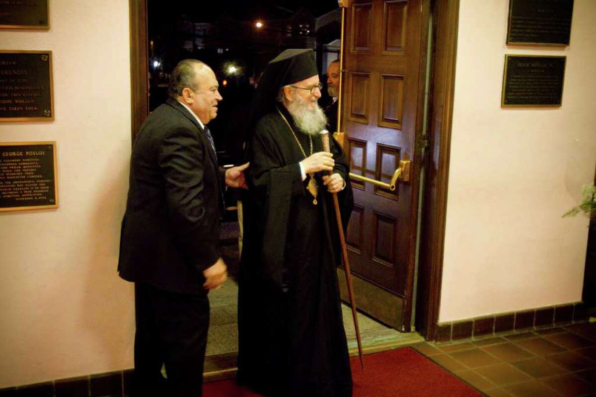 Archbishop Demetrios of America arrives for the name day vespers service at the Greek Orthodox Church of the Archangels in Stamford, Conn. on Sunday, Nov. 7, 2010.