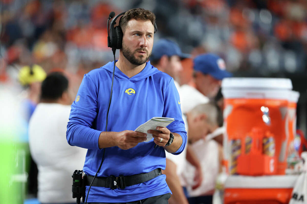 Tight ends coach Nick Caley of the Los Angeles Rams looks on during the preseason game against the Denver Broncos at Empower Field At Mile High on August 26, 2023 in Denver, Colorado. 