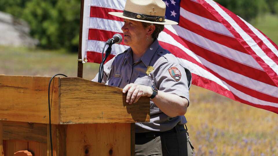 Yosemite National Park Superintendent, Cicely Muldoon, addresses guests and VIPs at the Ackerson Meadow Restoration Project Phase One Completion Celebration in Ackerson Meadow, Yosemite National Park, Calif., on Wednesday, June 12, 2024.