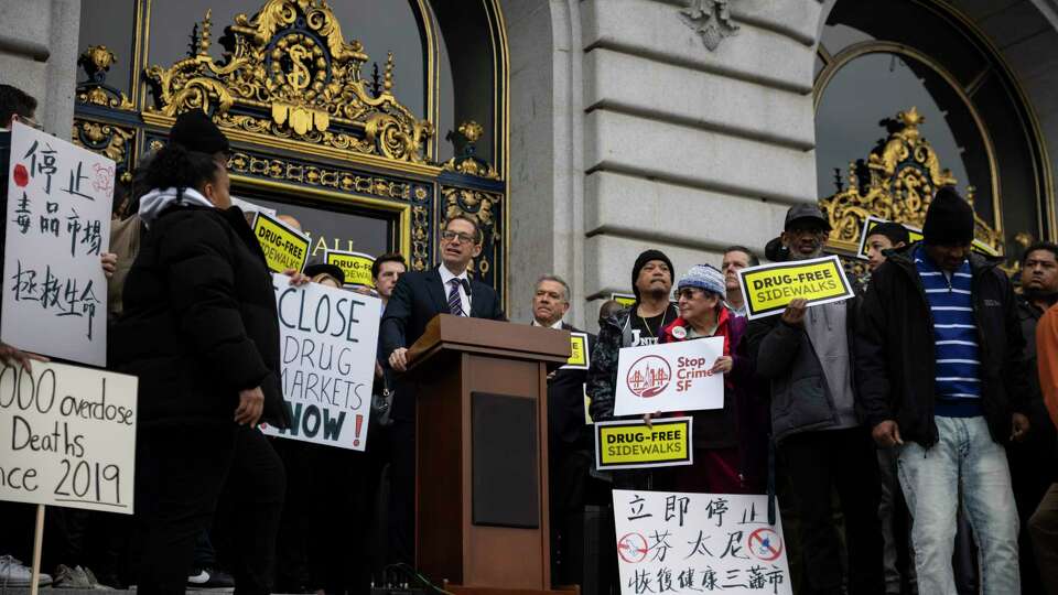 San Francisco Mayor Daniel Lurie speaks during a rally in support of his fentanyl state of emergency ordinance ahead of a hearing at the Board of Supervisors’ Budget and Finance Committee in San Francisco, Wednesday, Jan. 29, 2025.