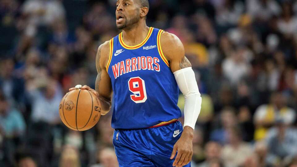 Golden State Warriors forward Andre Iguodala drives the ball up court during the first quarter of his NBA basketball game against Los Angeles Lakers in San Francisco, Calif. Thursday, April 7, 2022.