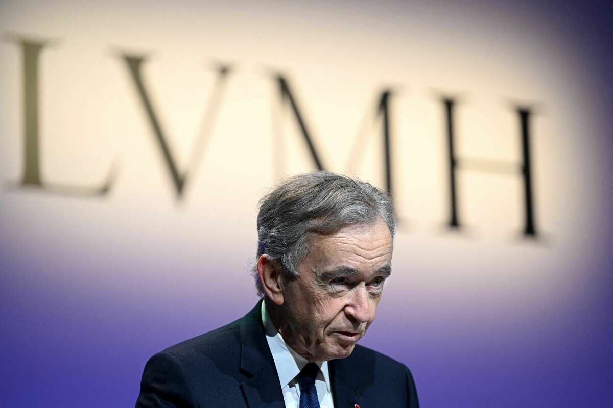 FILE: Billionaire Bernard Arnault presents LVMH's annual results in Paris on January 26, 2023. The company's brands include Bulgari, Givenchy, Louis Vuitton, and TAG Heuer. 