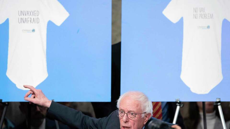 Sen. Bernie Sanders, I-Vt., questions Robert F. Kennedy Jr., President Donald Trump's choice to be the Secretary of Health and Human Services, as he testifies before the Senate Finance Committee during his confirmation hearing, at the Capitol in Washington, Wednesday, Jan. 29, 2025. (AP Photo/Jose Luis Magana)