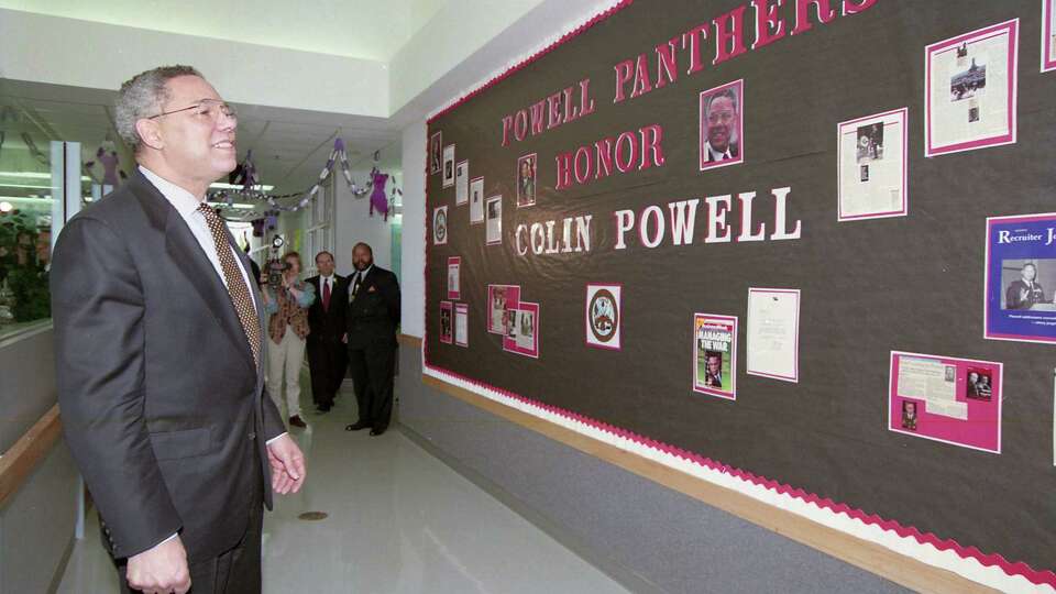 Gen. Colin Powell at the dedication of an elementary school named in his honor in The Woodlands, Jan. 30, 1995.