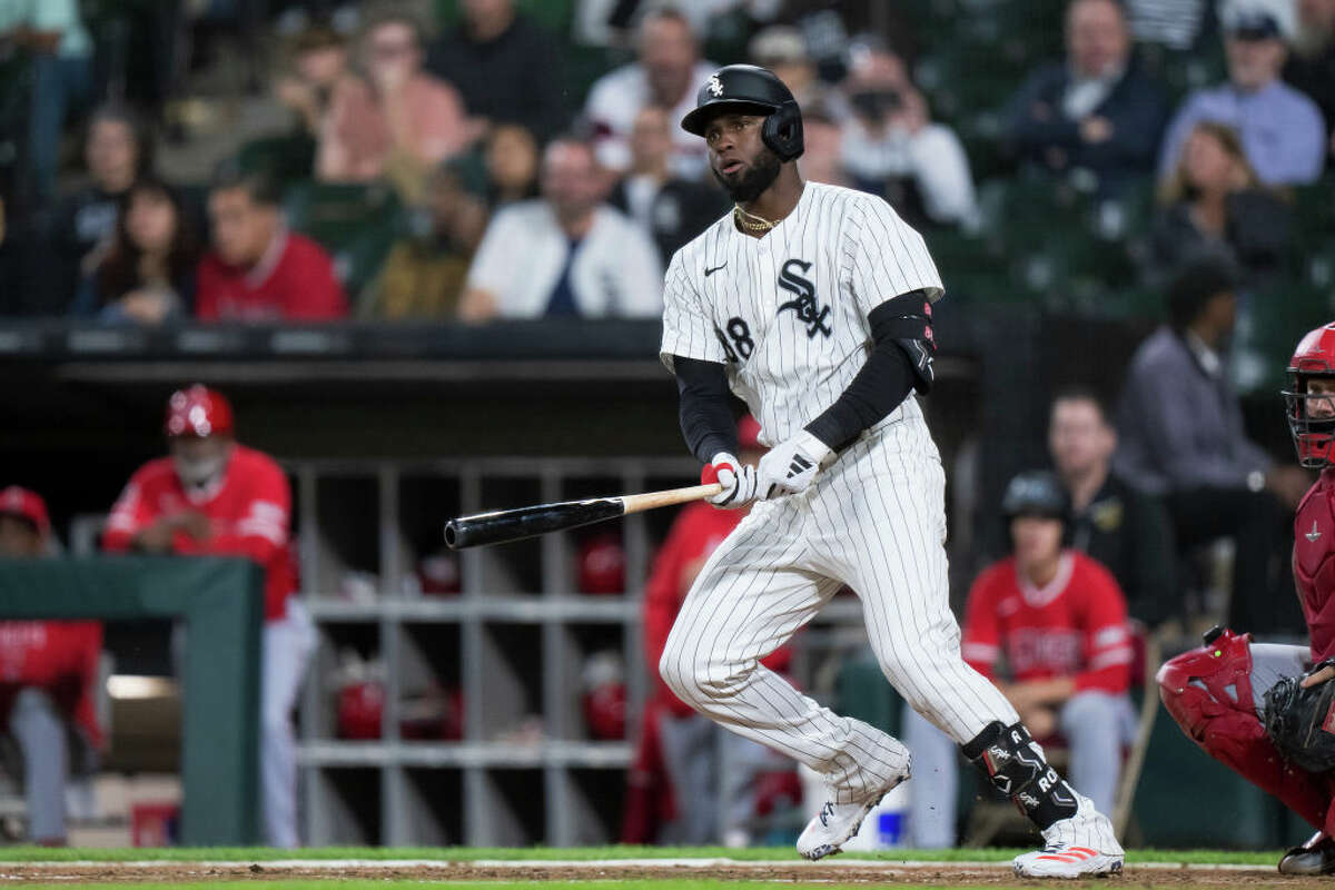 Luis Robert, Jr. of the Chicago White Sox bats in a game against the Los Angeles Angels at Guaranteed Rate Field on September 25, 2024 in Chicago, Illinois. 