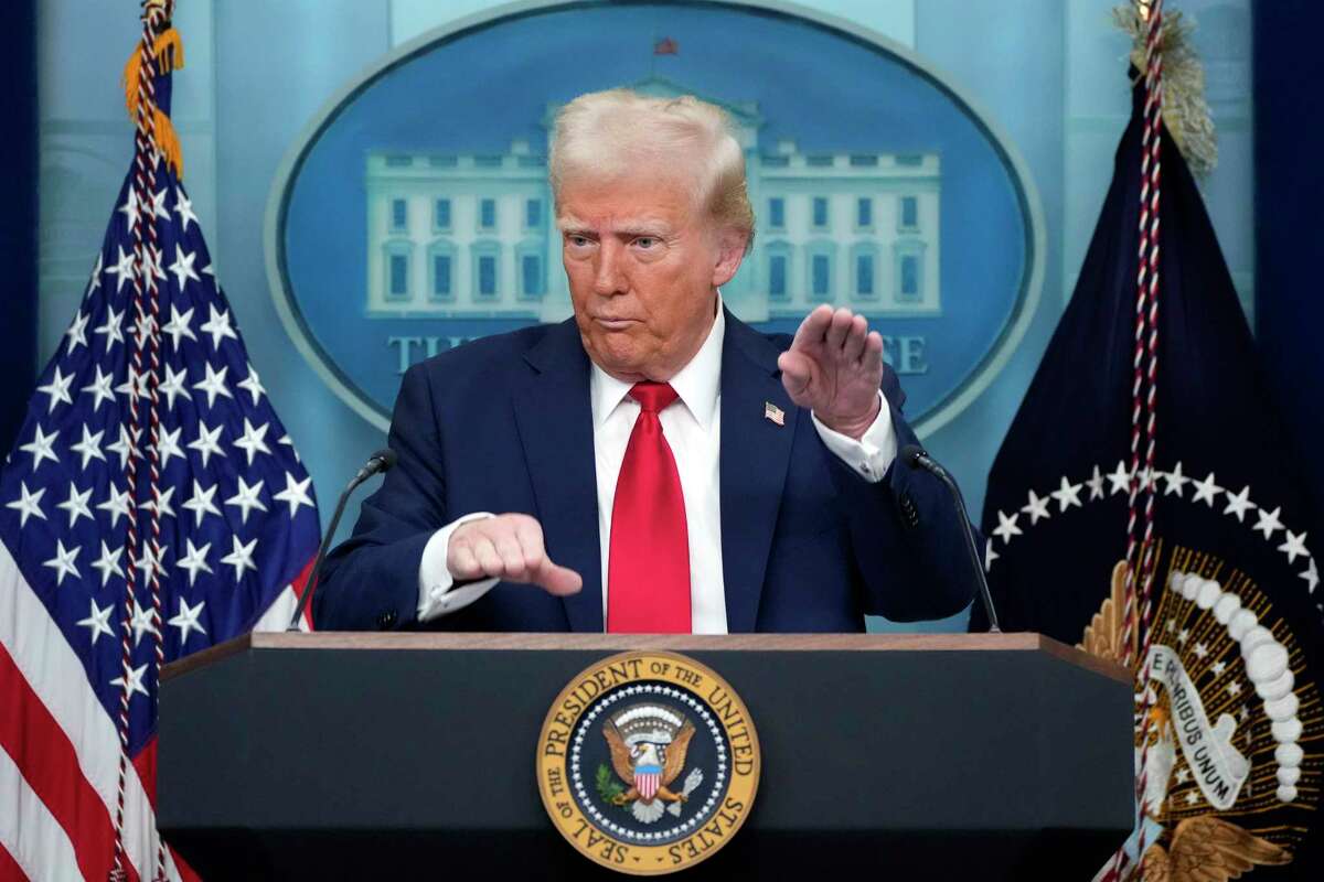 President Donald Trump speaks in the James Brady Press Briefing Room at the White House, Thursday, Jan. 30, 2025, in Washington. (AP Photo/Alex Brandon)