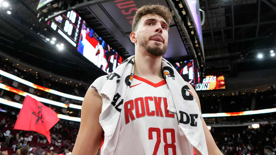 Houston Rockets center Alperen Sengun walks off the court following the Rockets 118-98 preseason win over the New Orleans Pelicans on Tuesday, Oct. 15, 2024 in Houston.