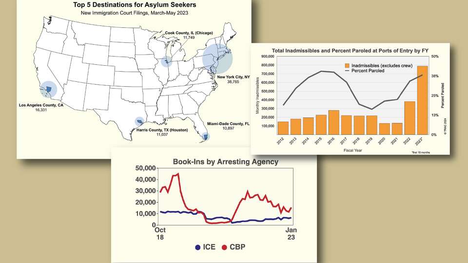 Screenshots of data visualizations produced by TRAC and published on the @TRACReports X account