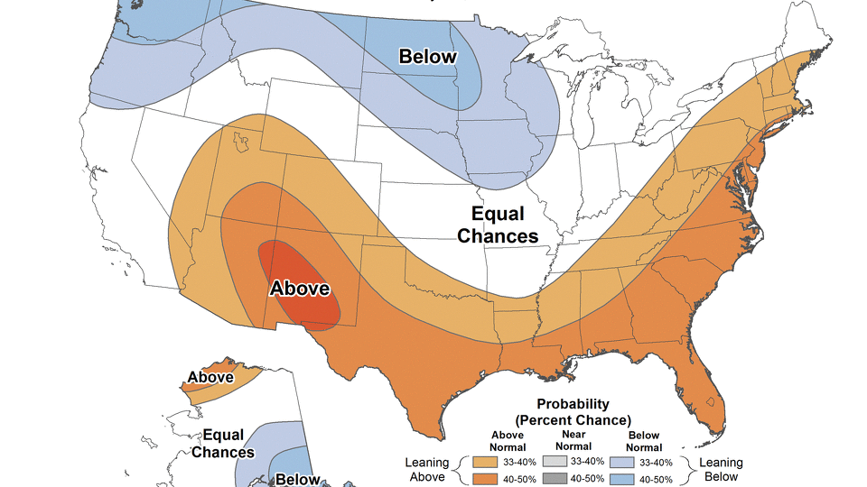 The Climate Prediction Center’s February outlook shows that above-average temperatures are favored across Texas.