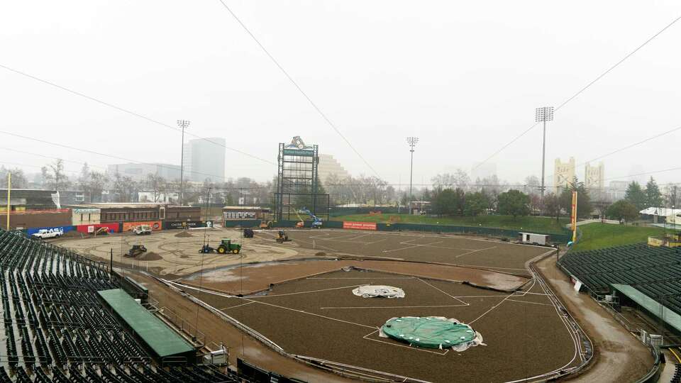 Construction in progress at Sutter Health Park, home of the Sacramento River Cats, as opening day approaches in less than 54 days, on Saturday, Feb. 1, 2025, in West Sacramento, Calif.