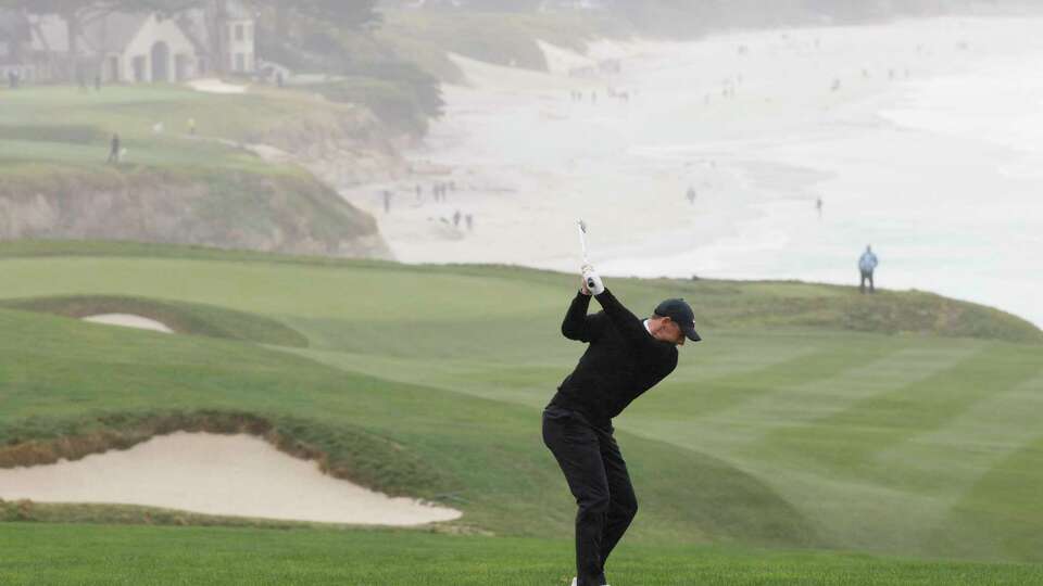 Rory McIlroy plays on the 9th hole at Pebble Beach Golf Links during the third round of the AT&T Pebble Beach Pro-Am golf tournament on Saturday, Feb. 01, 2025.