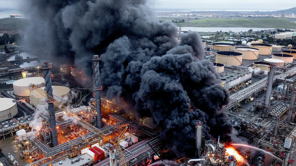 Smoke billows from a fire at Martinez Refining Co. in Martinez, Saturday, Feb. 1, 2025.