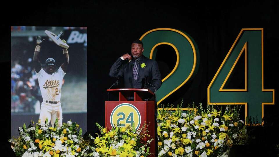 Ken Griffey Jr. delivers remarks during Oakland A’s great Rickey Henderson’s Celebration of Life Ceremony as it’s held at the Oakland Arena in Oakland, Calif. on Saturday, February 1, 2025. Henderson transitioned in December at the age of 65.