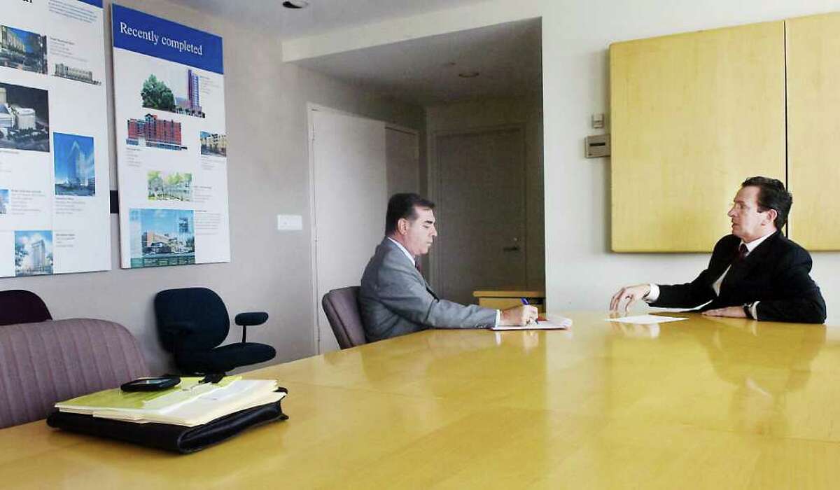Former Stamford mayor Dannel Malloy meets with Mayor-Elect Mike Pavia in a conference room at the Government Center in Stamford Nov. 19, 2009.