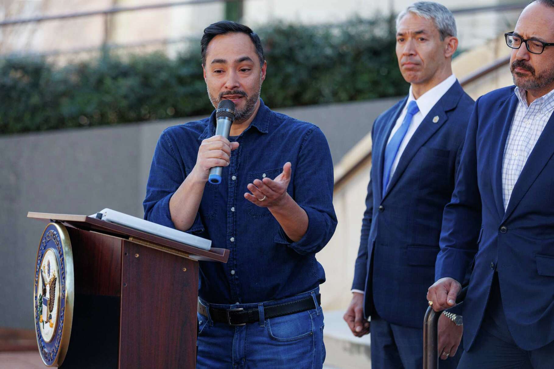U.S. Congressman Joaquin Castro (TX-20) addresses reporters during a news conference he held with state and local officials in response to the White House’s proposed tariffs on imported goods from Mexico, Canada and China on the steps of City Hall, Monday afternoon, Feb. 3, 2025, in San Antonio, Texas. Over the weekend, President Donald Trump had announced 25% tariffs on goods made in Mexico and Canada, as well as a 10% tariff on goods from China. Trump agreed to pause immediate tariffs on Mexico and Canada for a month after talking to the countries’ leaders.