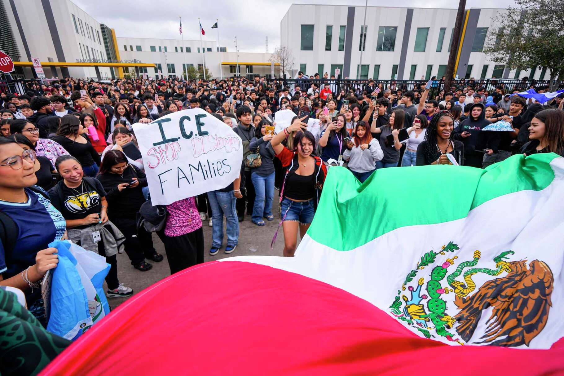 Students stage a walkout at Sam Houston Math, Science, and Technology Center High School, protesting against I.C.E. in schools and mass deportations on Thursday, Feb. 6, 2025 in Houston.