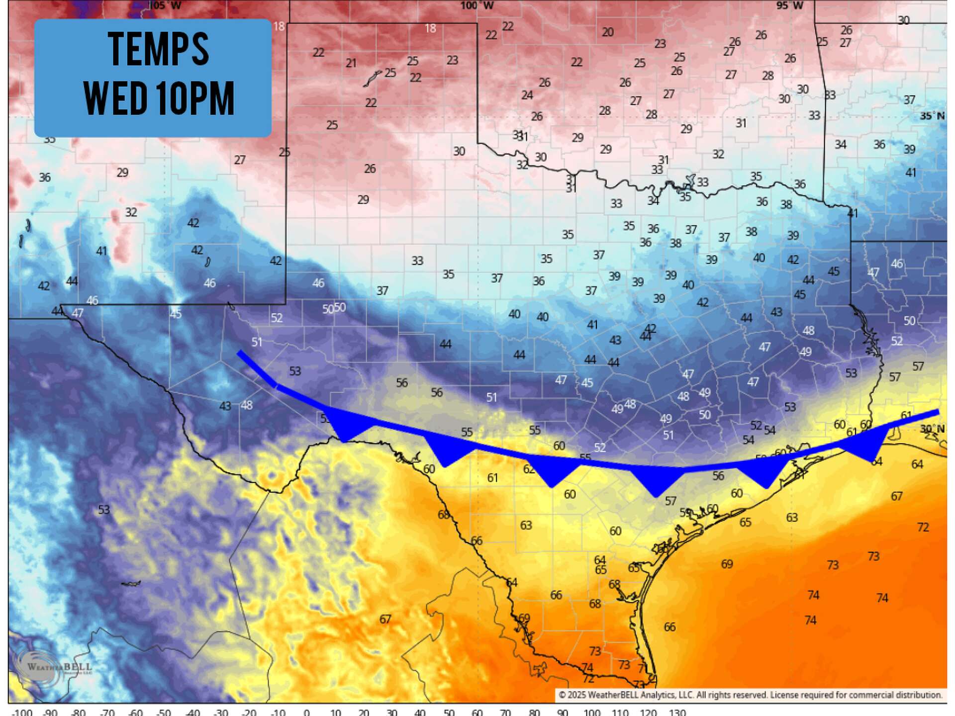 Tonight's cold front will send South Texas wind chill into 20s