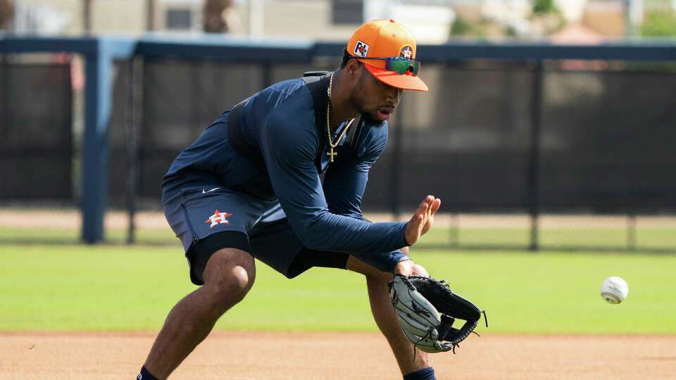 Houston Astros Brice Matthews works through an infield drill during workouts for pitchers and catchers at CACTI Park of the Palm Beaches, Thursday, Feb. 13, 2025, in West Palm Beach, Fl.