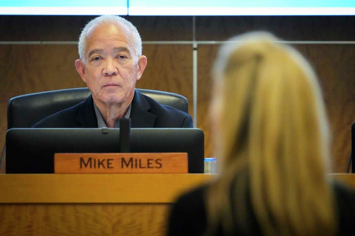 Houston ISD Superintendent Mike Miles listens to a presentation by Kristin Hole, chief academic officer for HISD, during a budget workshop meeting for the school district at the Hattie Mae White Educational Support Center in Houston, Thursday, Feb. 27, 2025.