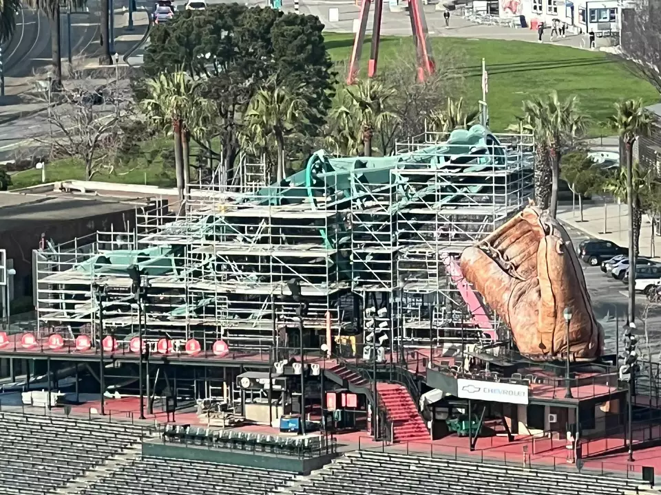 Scaffolding is visible around the giant Coca-Cola bottle at Oracle Park, the home of the San Francisco Giants, on Feb. 27, 2025.