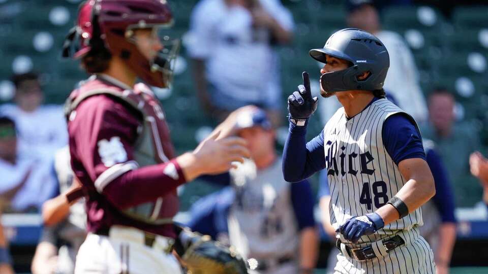 Rice infielder Hiram Bocachica Jr. (48) jogs home after hitting a 2-run home run off Mississippi St. pitcher Pico Kohn during the fifth inning of an NCAA baseball game in the Astros Foundation College Classic at Daikin Park on Friday, Feb. 28, 2025, in Houston.