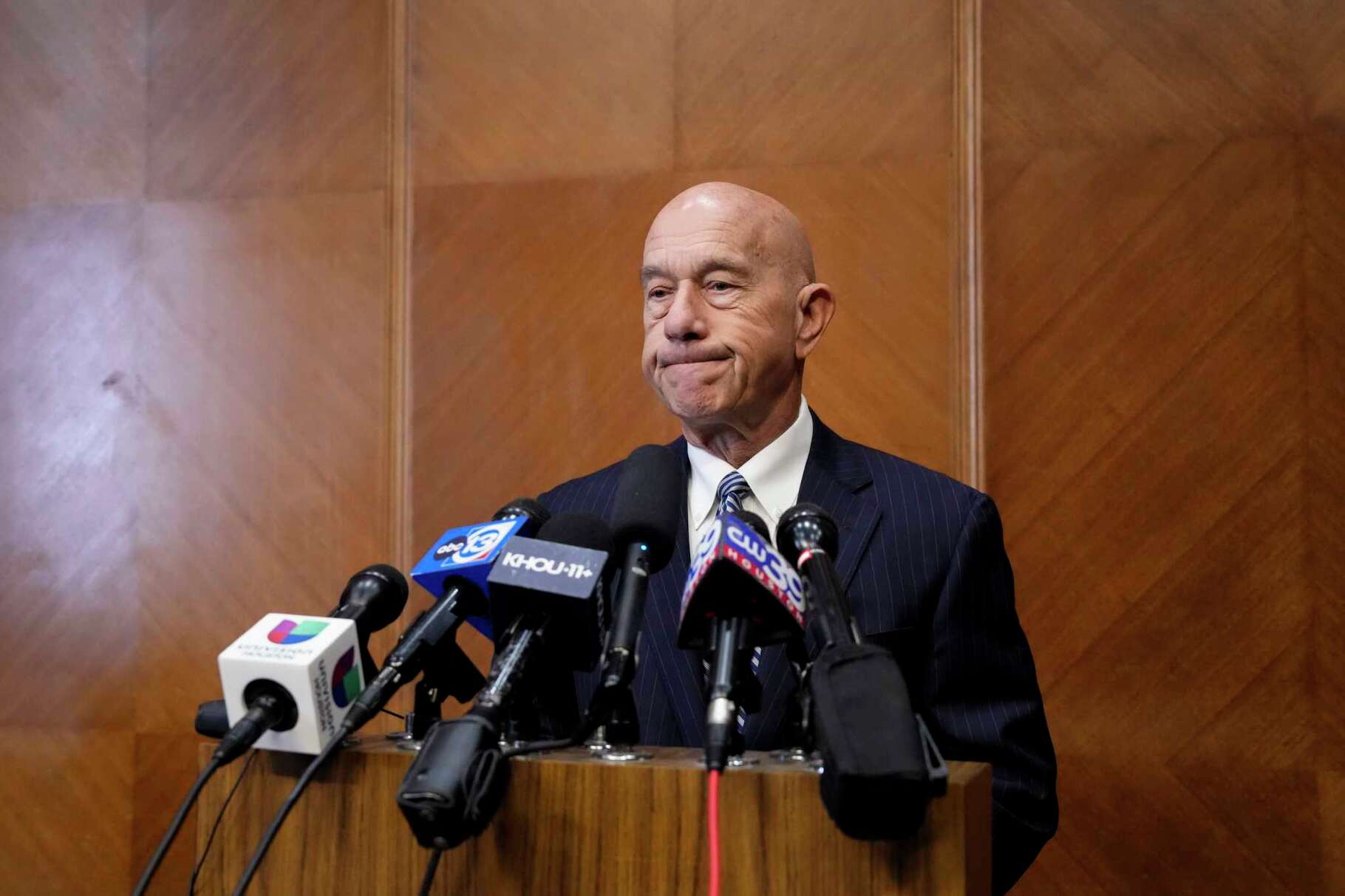 Houston Mayor John Whitmire gives his remark about former Mayor Sylvester Turner, who passed away Tuesday night, following a city council meeting at City Hall in Houston, Wednesday, March 5, 2025.