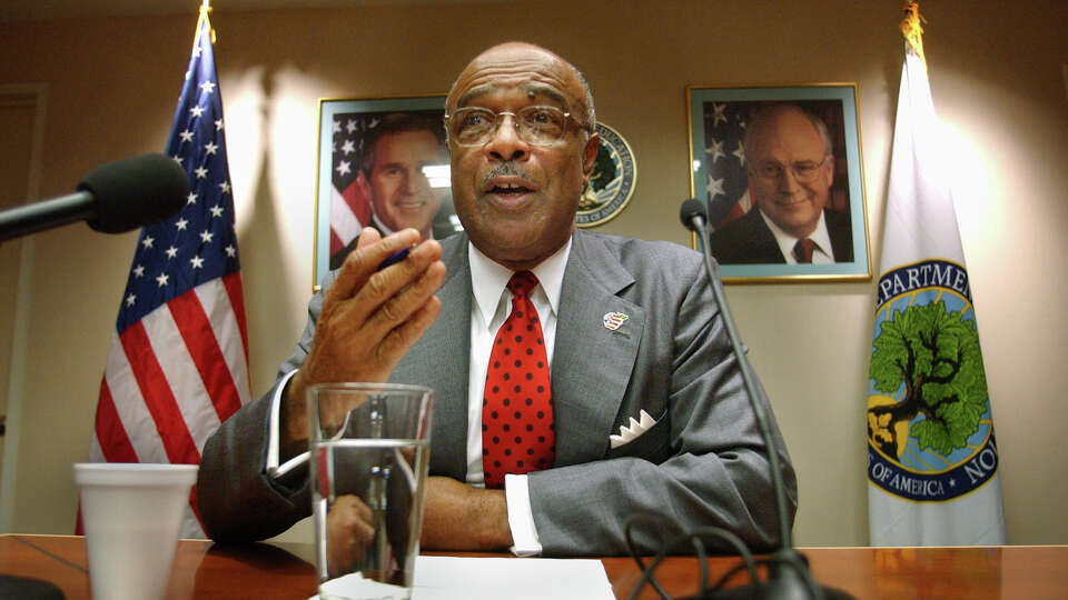 Education Secretary Rod Paige talks to reporters during a hastily called news conference at the Department of Education in Washington Wednesday, April 9, 2003, regarding his comments favoring schools that appreciate 'the values of the Christian community.' Paige said he wasn't trying to impose his religious views on others and said 'I don't think I have anything to apologize for. What I'm doing is clarifying my remarks.' (AP Photo/Gerald Herbert) HOUCHRON CAPTION (02/26/2004): U.S. Education Secretary Rod Paige talks at a news conference in April in Washington, D.C.