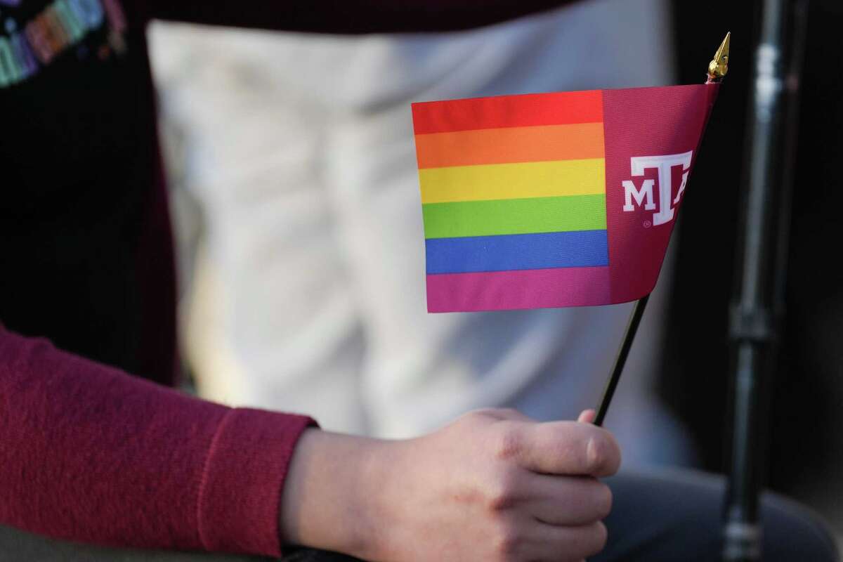 Attends a protest sponsored by Texas A&M University Queer Empowerment Council's 