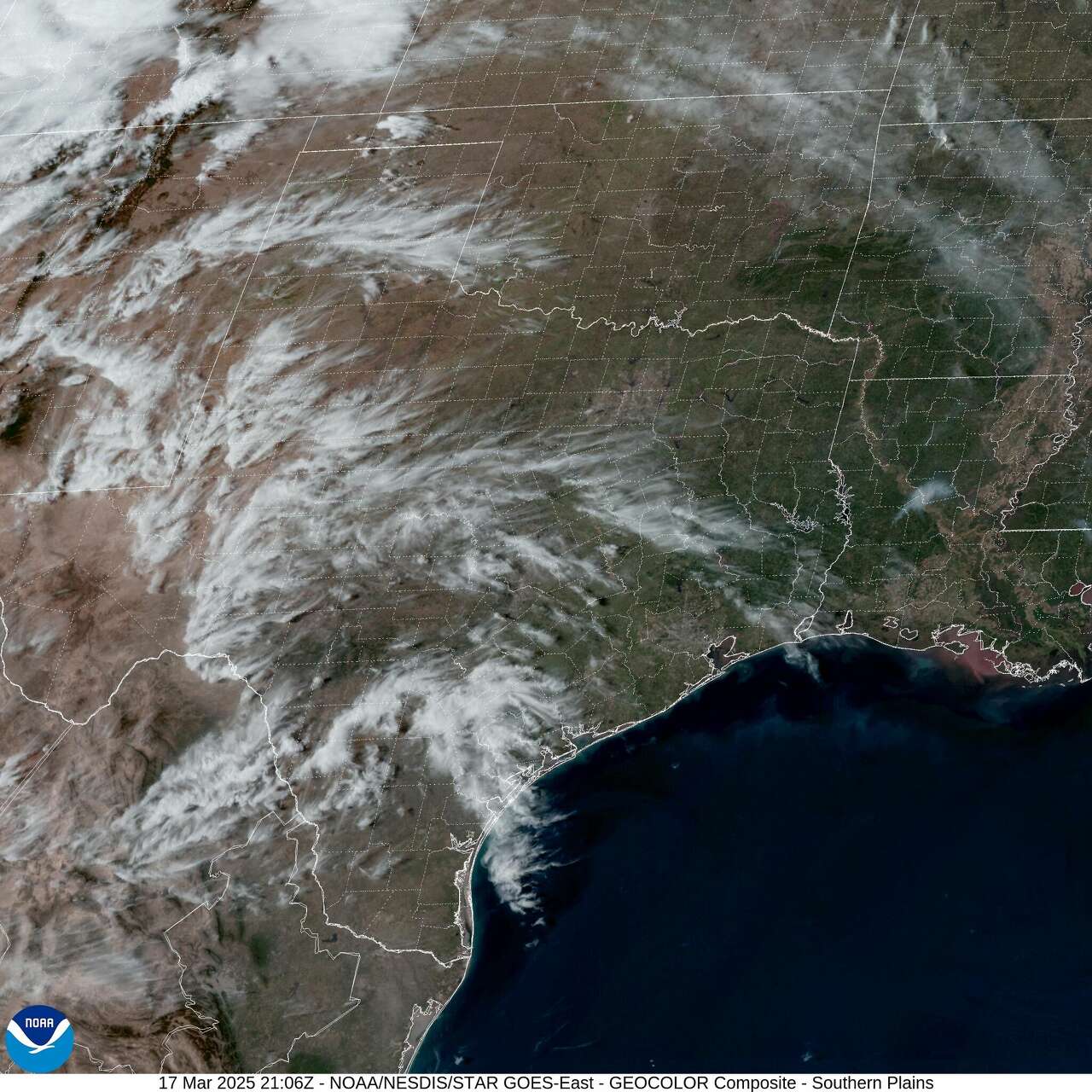 Cirrus clouds are shown moving into Southeast Texas Monday afternoon. These clouds are a sign that moisture aloft is increasing ahead of Houston's next cold front, which arrives Wednesday.