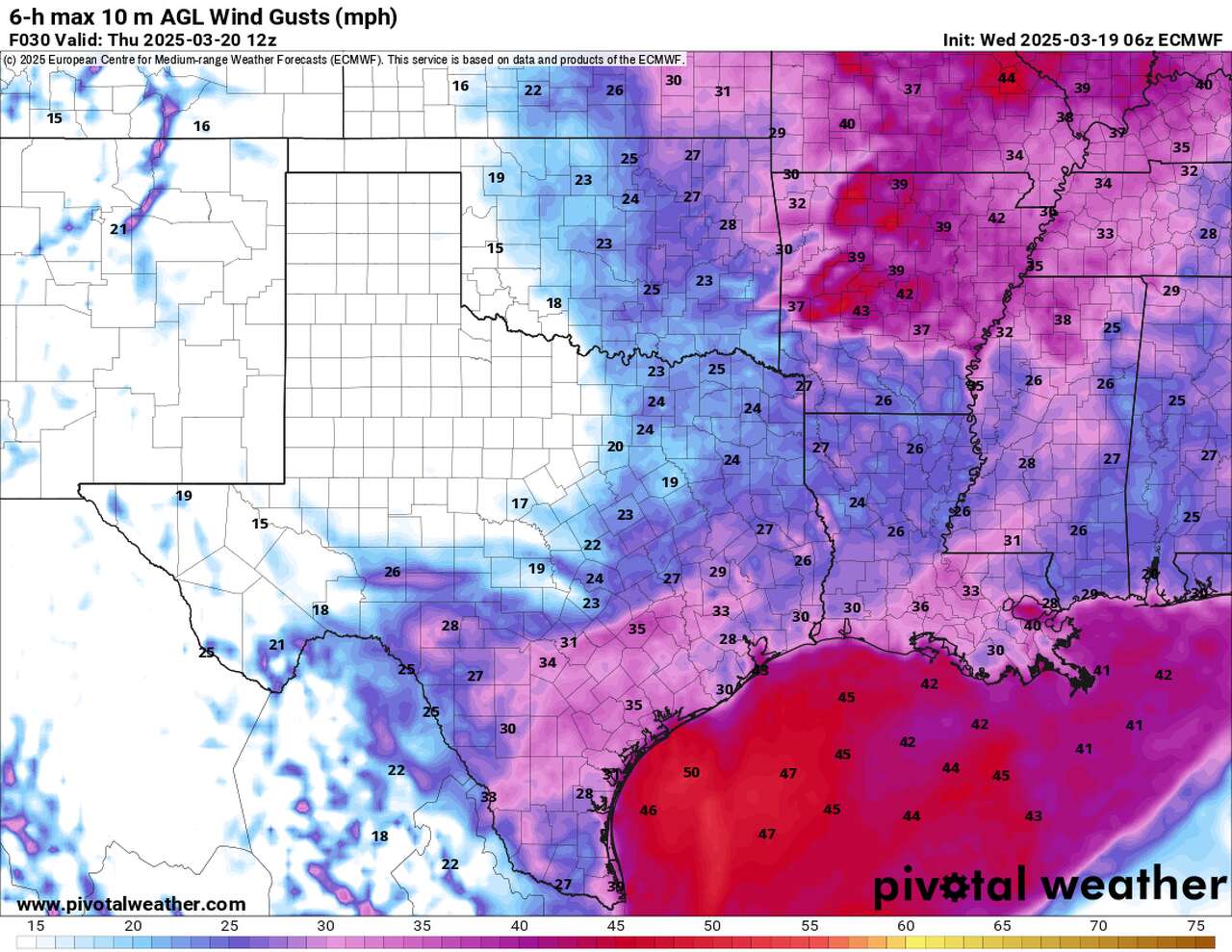 Shown are forecast peak wind gusts between midnight and Thursday morning, according to the European forecast model. Wind gusts through daybreak Thursday peak between 20 and 30 mph at times in Southeast Texas following a cold front early Wednesday.