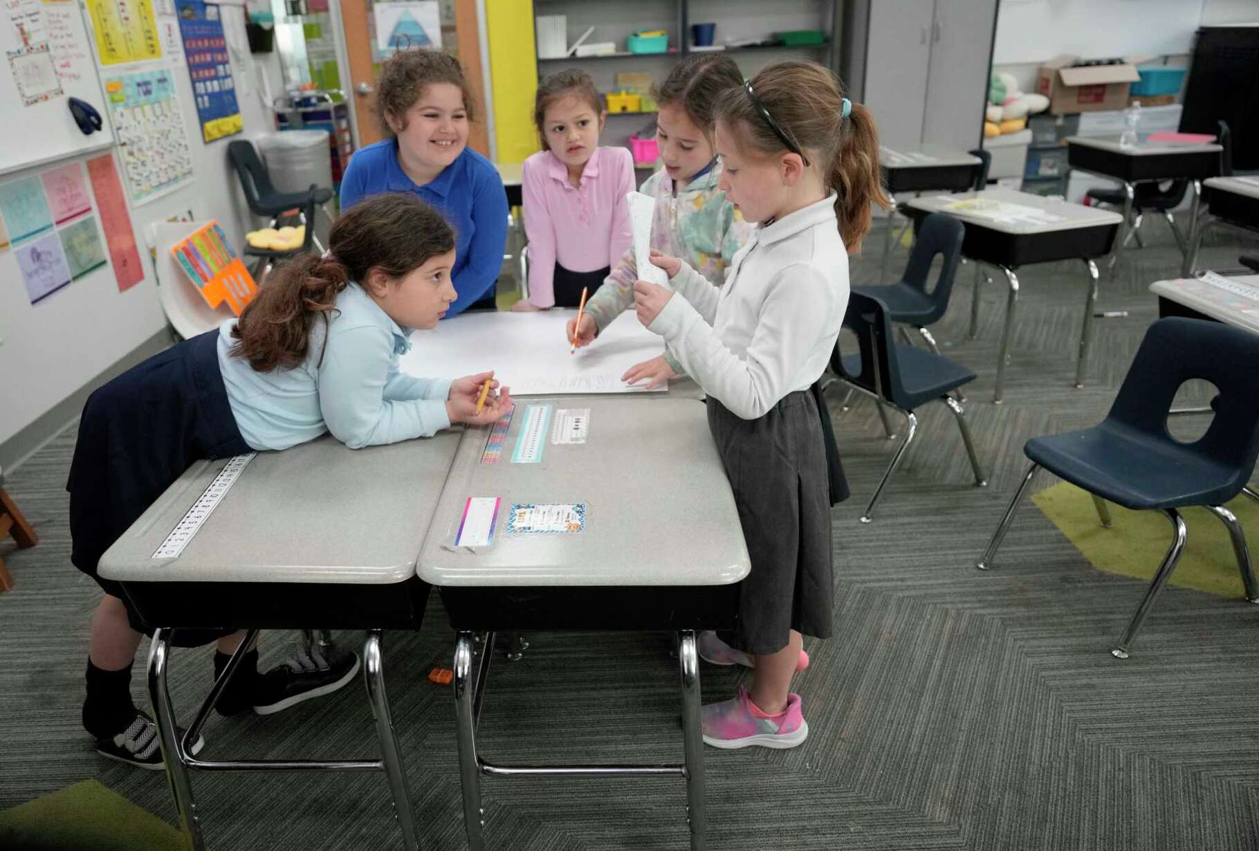 First graders are shown at Yeshiva Torat Emet in Houston, Wednesday, March 19, 2025.