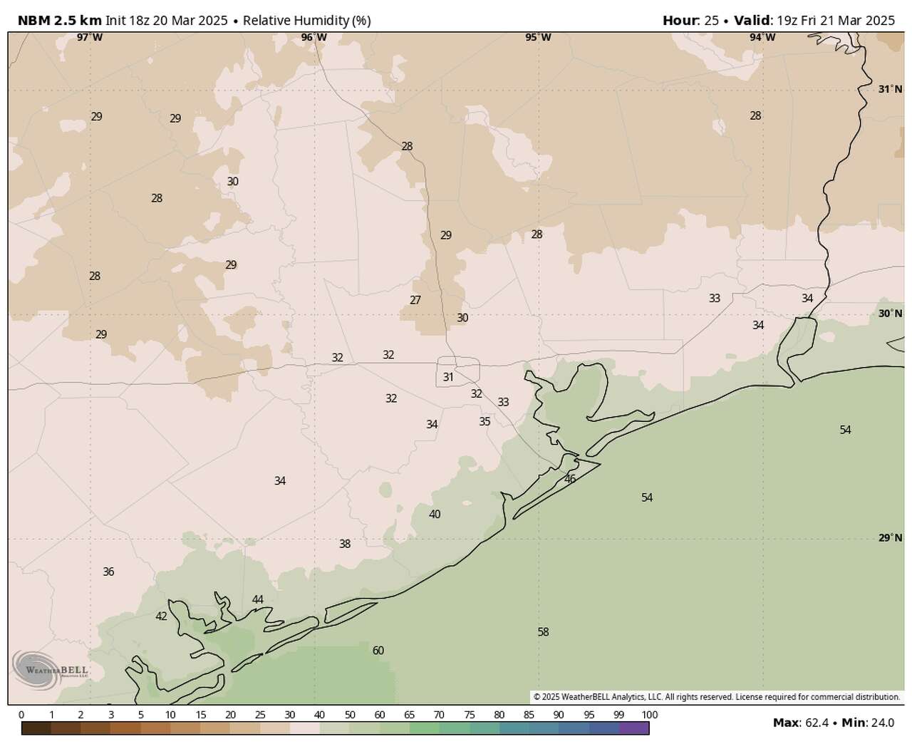Shown are forecast relative humidity values Friday afternoon, according to the National Blend of Models. Low humidity and still breezy conditions will make for another day where wildfires could develop or grow.