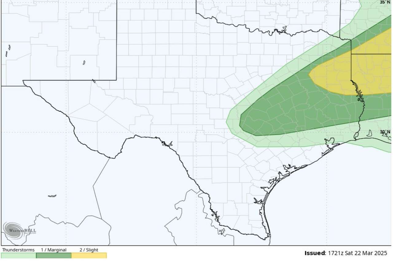 The severe weather outlook from the National Weather Service's Storm Prediction Center shows a risk of scattered severe thunderstorms primarily north of the Interstate 10 corridor but close enough that Houston could see some storm activity.