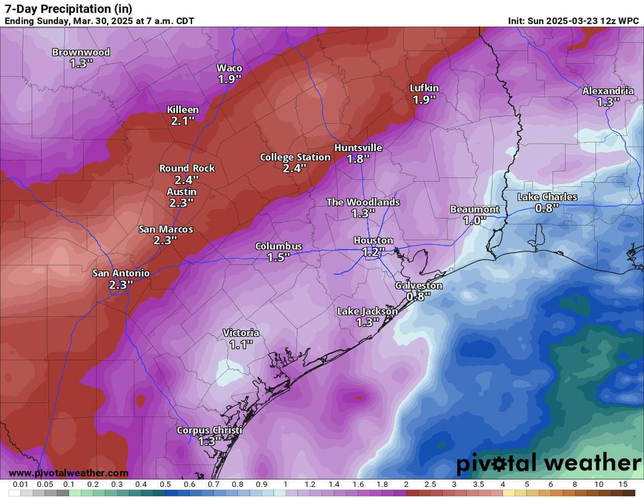 Shown are forecast rainfall totals through Sunday morning across Southeast Texas, according to the National Blend of Models.