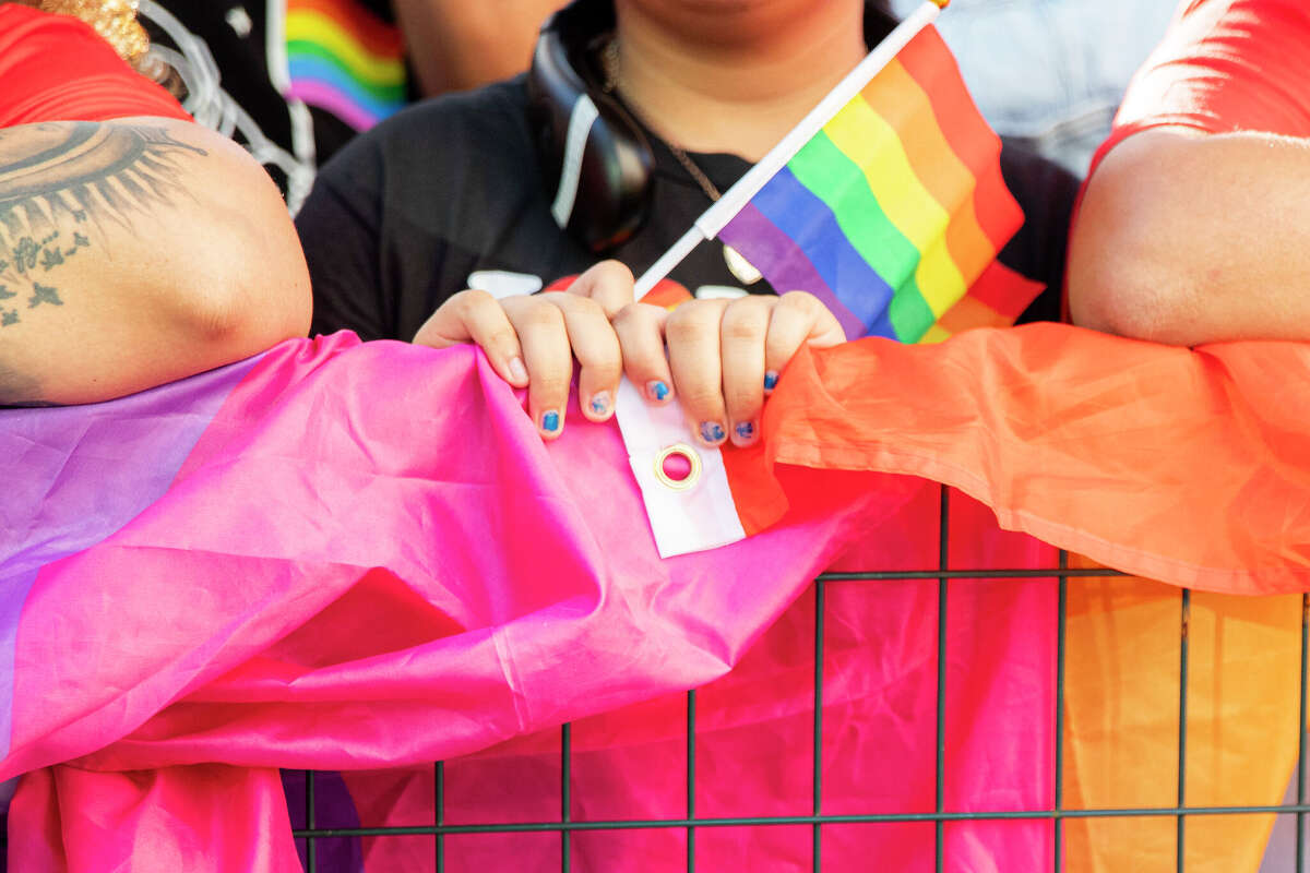 A parade goer holds up a pride flag during the 46th Annual Official Houston LGBT+ Pride Celebration, Saturday, June 29, 2024, in Houston. (Ishika Samant/Houston Chronicle)