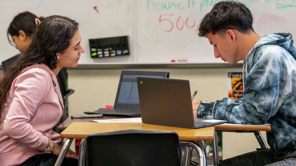 Hastings High School students use CollegeSpring software to complete practice test exercises in English vocabulary as they prepare for the mandated Texas Success Initiative Assessment in Houston, Wednesday, March 26, 2025.