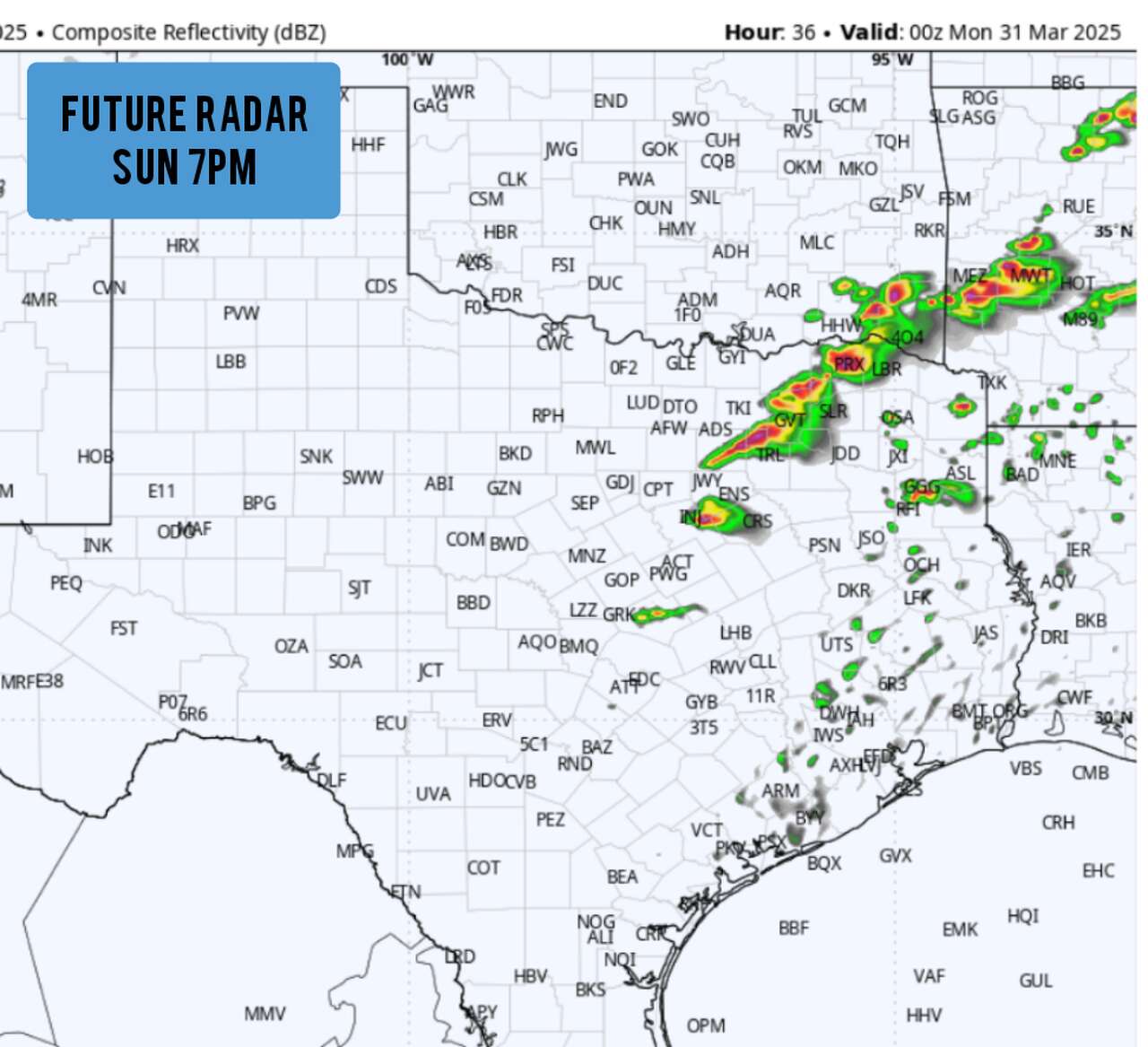 Shown is the future radar across Texas at 7 p.m. Sunday, as strong to severe storms move across Northeast Texas.