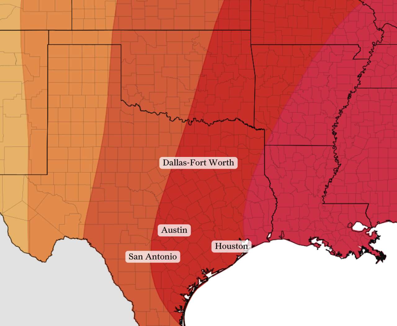 Houston temperatures are likely to remain above average through the end of April, according to the Climate Prediction Center's outlook through April 27. Darker shades of red indicate higher confidence in above normal temperatures.