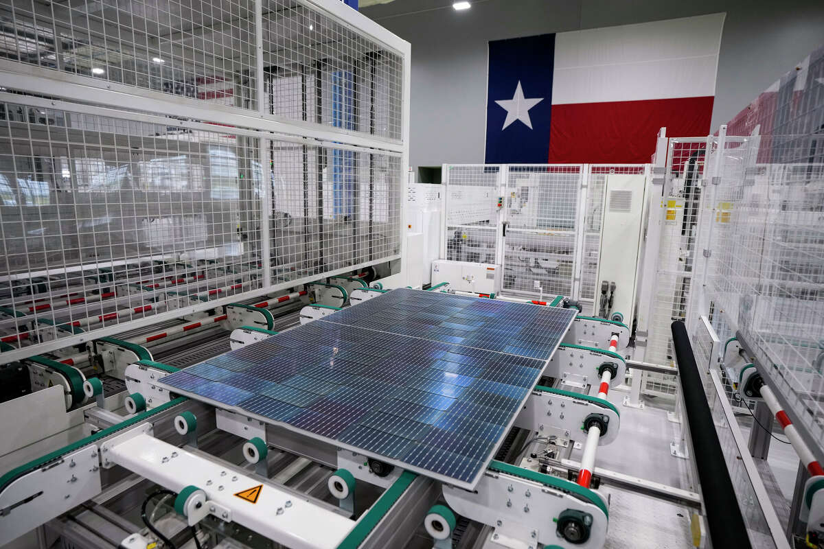 Solar panels run down the line to the next manufacturing process at Elin Energy's solar panel manufacturing facility on Thursday, April 25, 2024 in Brookshire. 