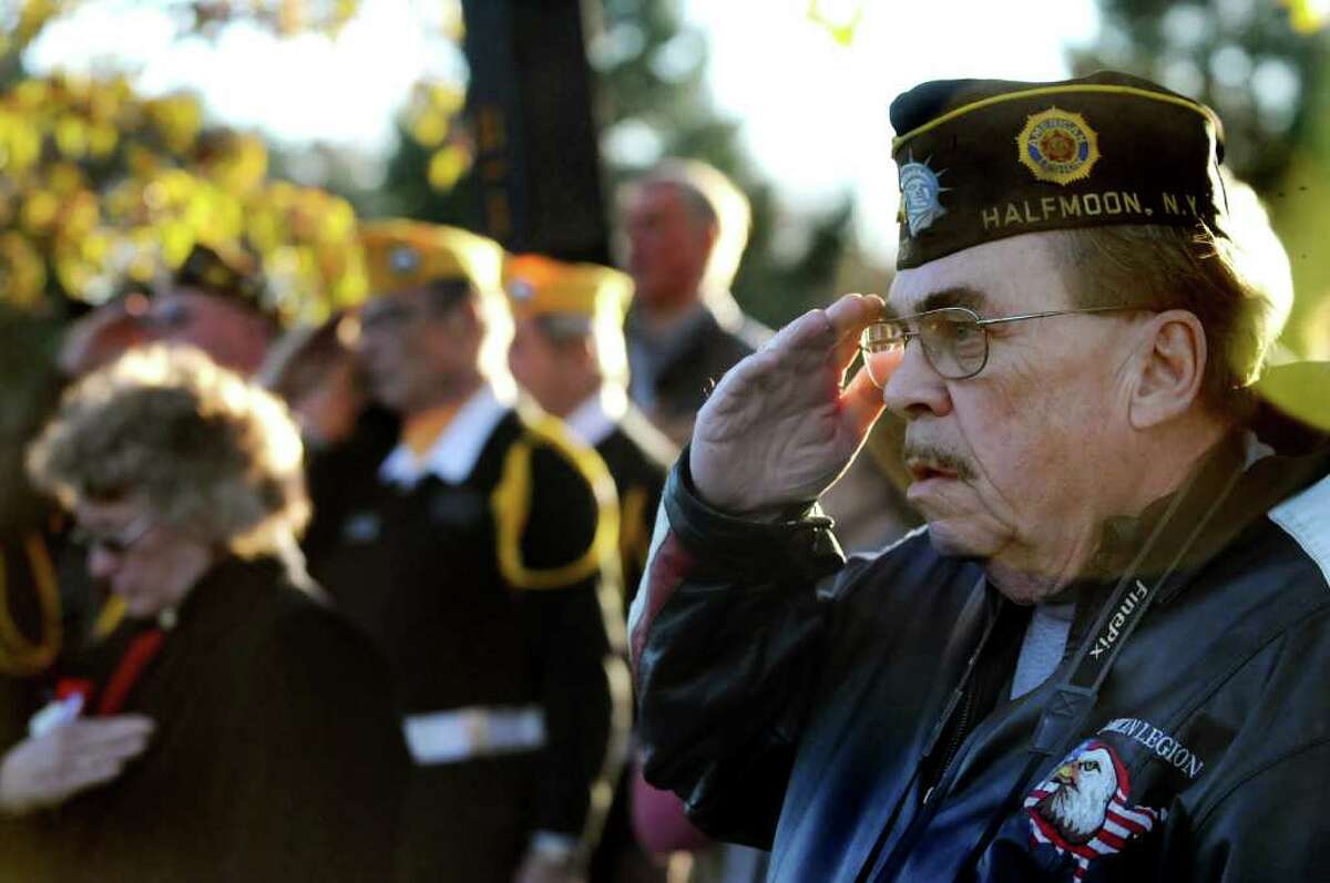 Vietnam veteran Bob Dyer of Halfmoon salutes during the National Anthem during a Veterans Day ceremony to honor veterans of the Iraq War on Thursday, Nov. 11, 2010, at Clifton Park Commons in Clifton Park, N.Y. (Cindy Schultz / Times Union)