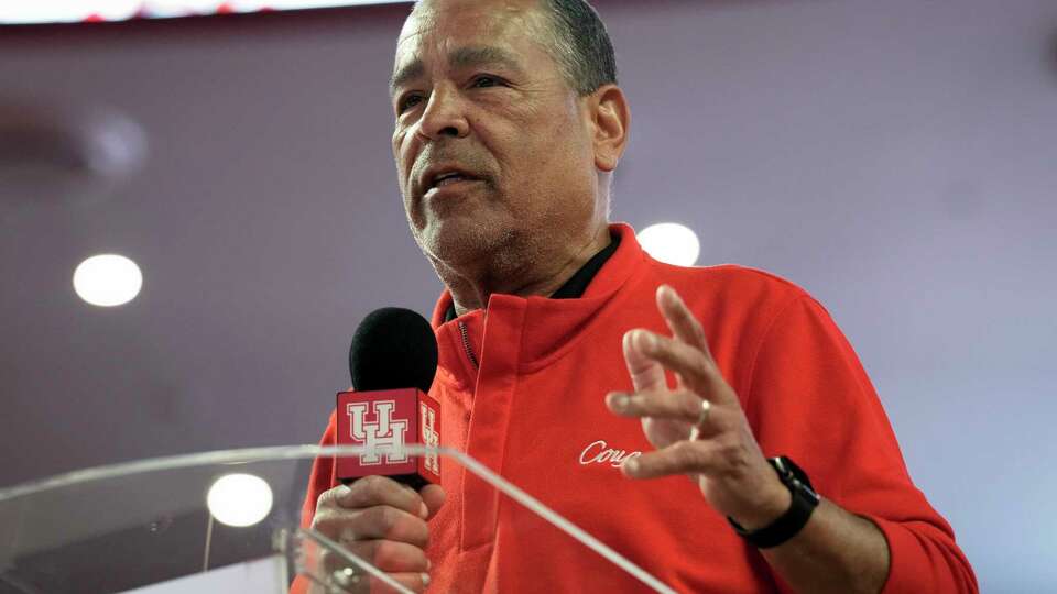 University of Houston Men’s Basketball head coach Kelvin Sampson speaks during a celebration event for the team at Fertitta Center in Houston, Wednesday, April 23, 2025. The Cougars lost to Florida for NCAA basketball title.