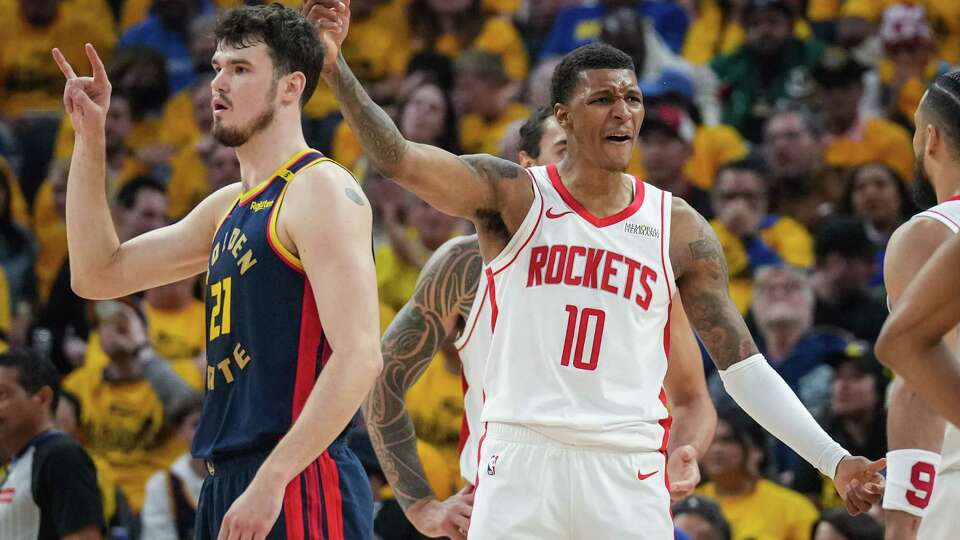 Golden State Warriors center Quinten Post (21) and Houston Rockets forward Jabari Smith Jr. (10) react to a call during the first half of Game 4 of a first-round NBA playoff basketball series at Chase Center in San Francisco, Monday, April 28, 2025.