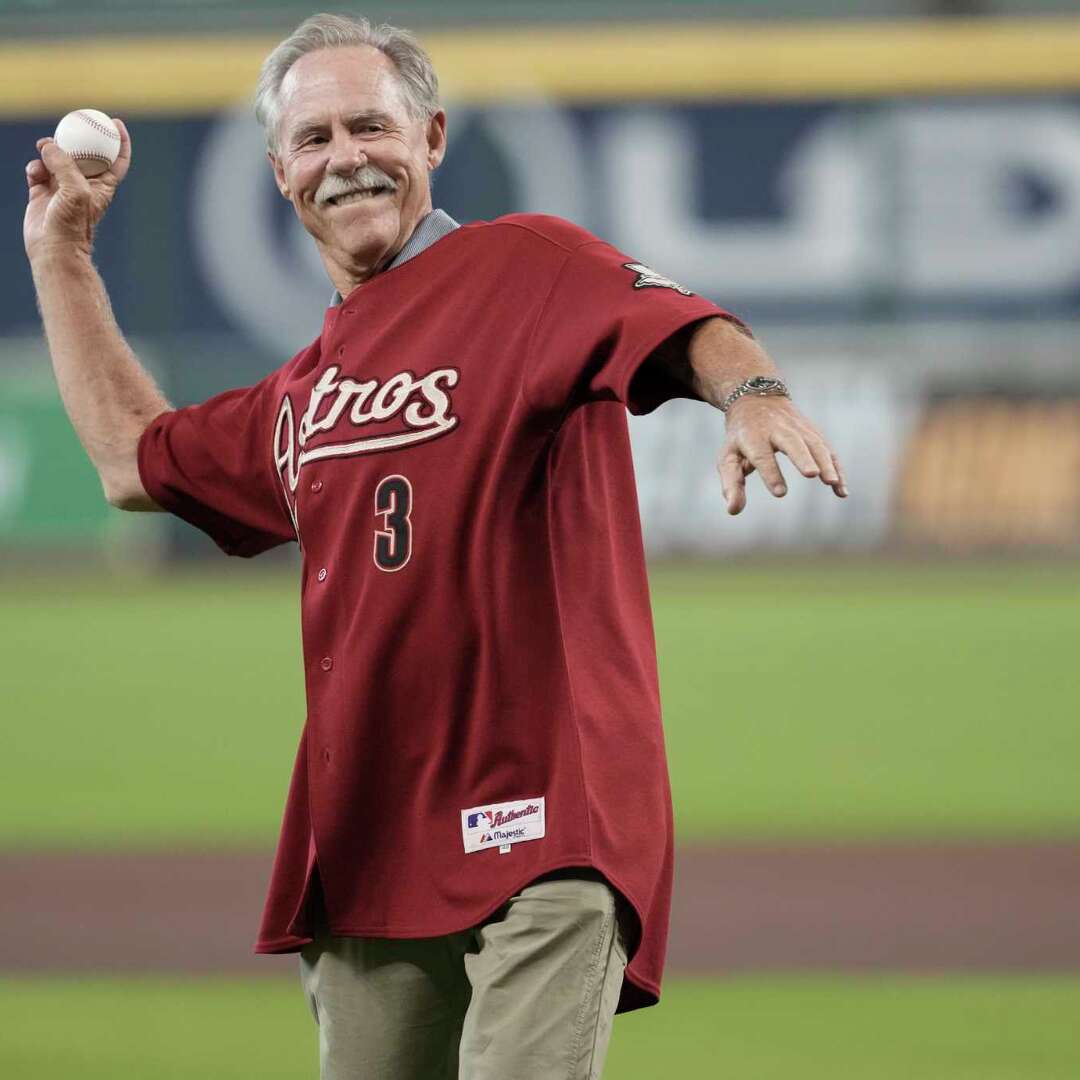 Former Houston Astros player and manager Phil Garner throws a ceremonial first pitch before a MLB game between the Astros and Detroit Tigers at Daikin Park in Houston, Wednesday, April 30, 2025.