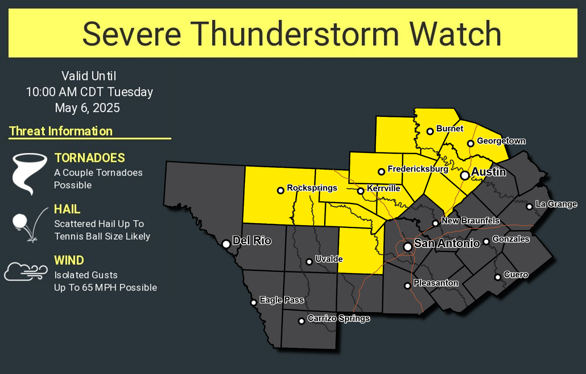 Texas Hill Country severe storm watch extended till noon Tuesday