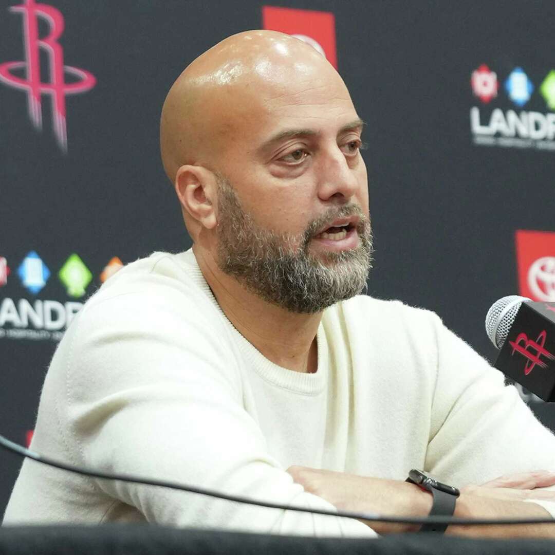 Houston Rockets GM Rafael Stone speaks during a press conference at the Toyota Center in Houston on Tuesday, May 6, 2025.