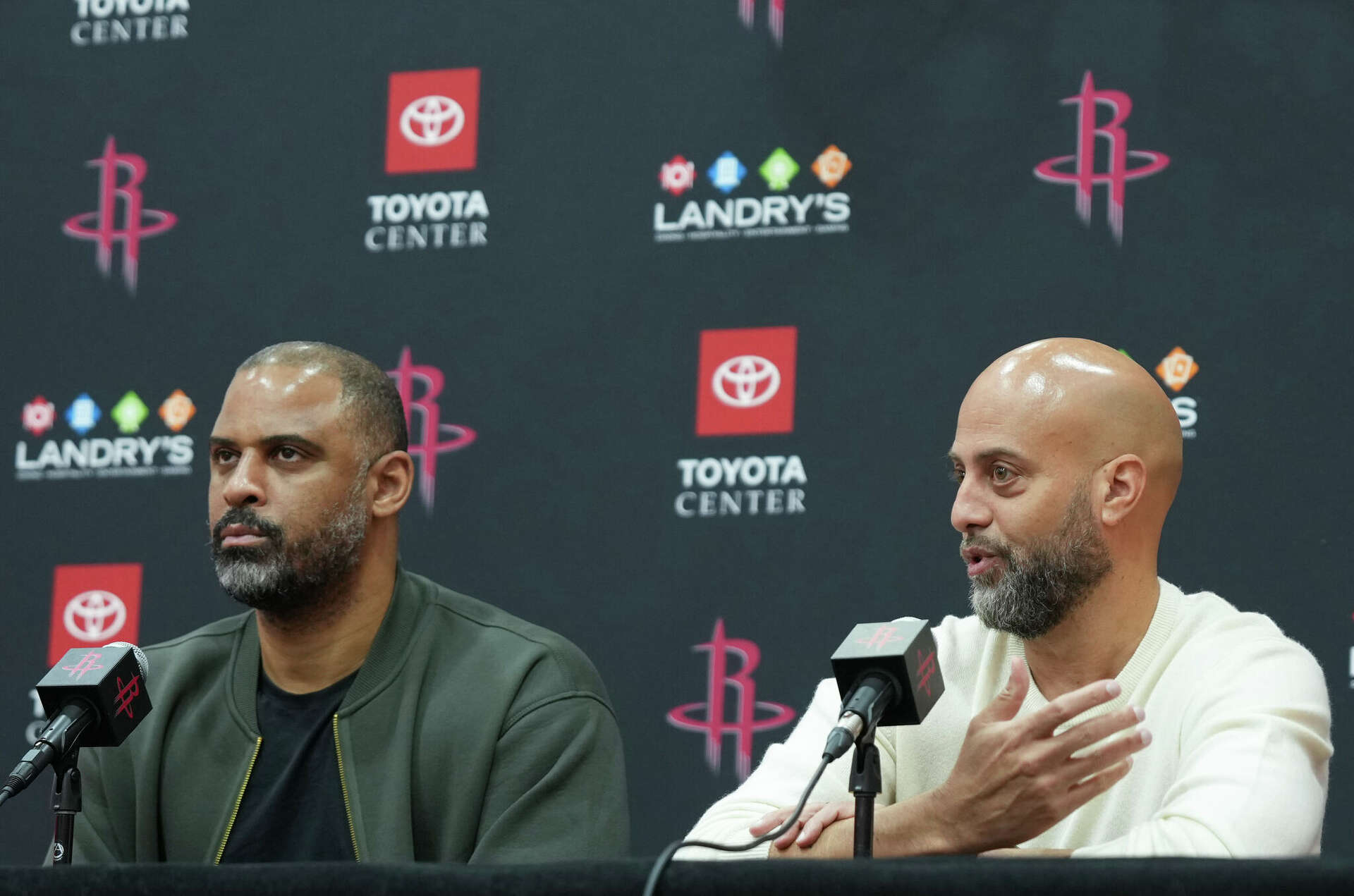 Houston Rockets coach Ime Udoka, left, and GM Rafael Stone hold a press conference at the Toyota Center in Houston on Tuesday, May 6, 2025.