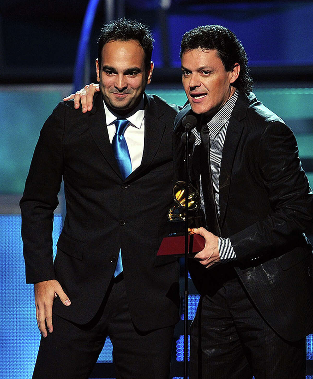LAS VEGAS - NOVEMBER 11: Yoel Henriquez (L) and Pedro Fernandez accept the Best Regional Mexican Song award onstage during the 11th annual Latin GRAMMY Awards at the Mandalay Bay Events Center on November 11, 2010 in Las Vegas, Nevada. (Photo by Kevin Winter/Getty Images for LARAS) *** Local Caption *** Yoel Henriquez;Pedro Fernandez