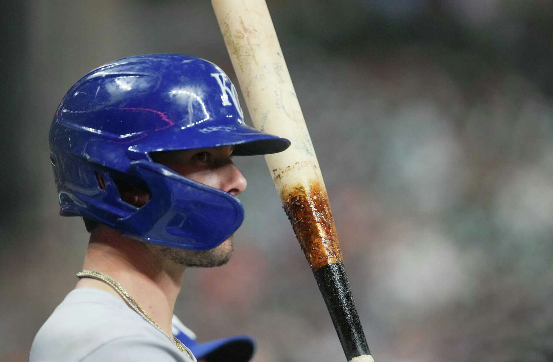Kansas City Royals outfielder Cavan Biggio (18) waits on the dugout stairs before getting ready to bat in the seventh inning against the Houston Astros at Daikin Park in Houston on Monday, May 12, 2025. Biggio is the son of Houston Astros hall-of-fame player Craig Biggio.