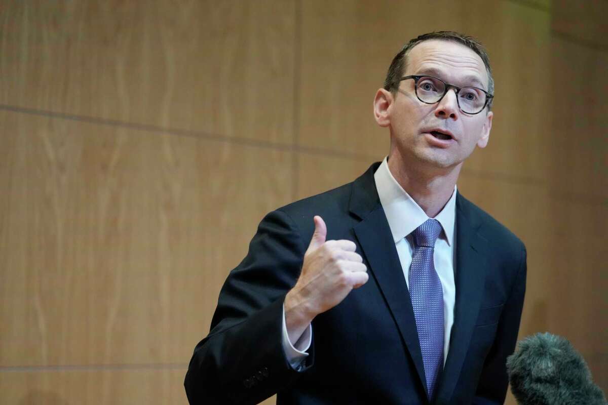 Mike Morath, Texas Education Agency commissioner, speaks during a media conference after touring several classrooms at the Kinder High School for the Performing and Visual Arts in Houston, Wednesday, May 14, 2025.