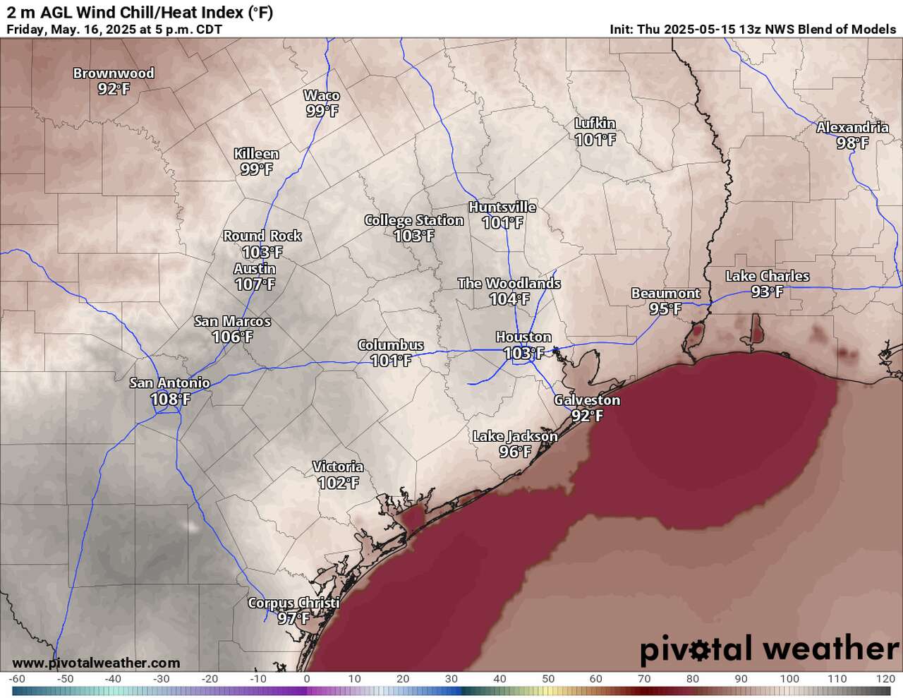 Heat index values Friday afternoon are expected to reach in excess of 100 degrees in the Houston area, according to the National Blend of Models.